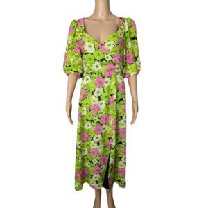 Wayf Vibrant Green and Pink Floral Midi Dress